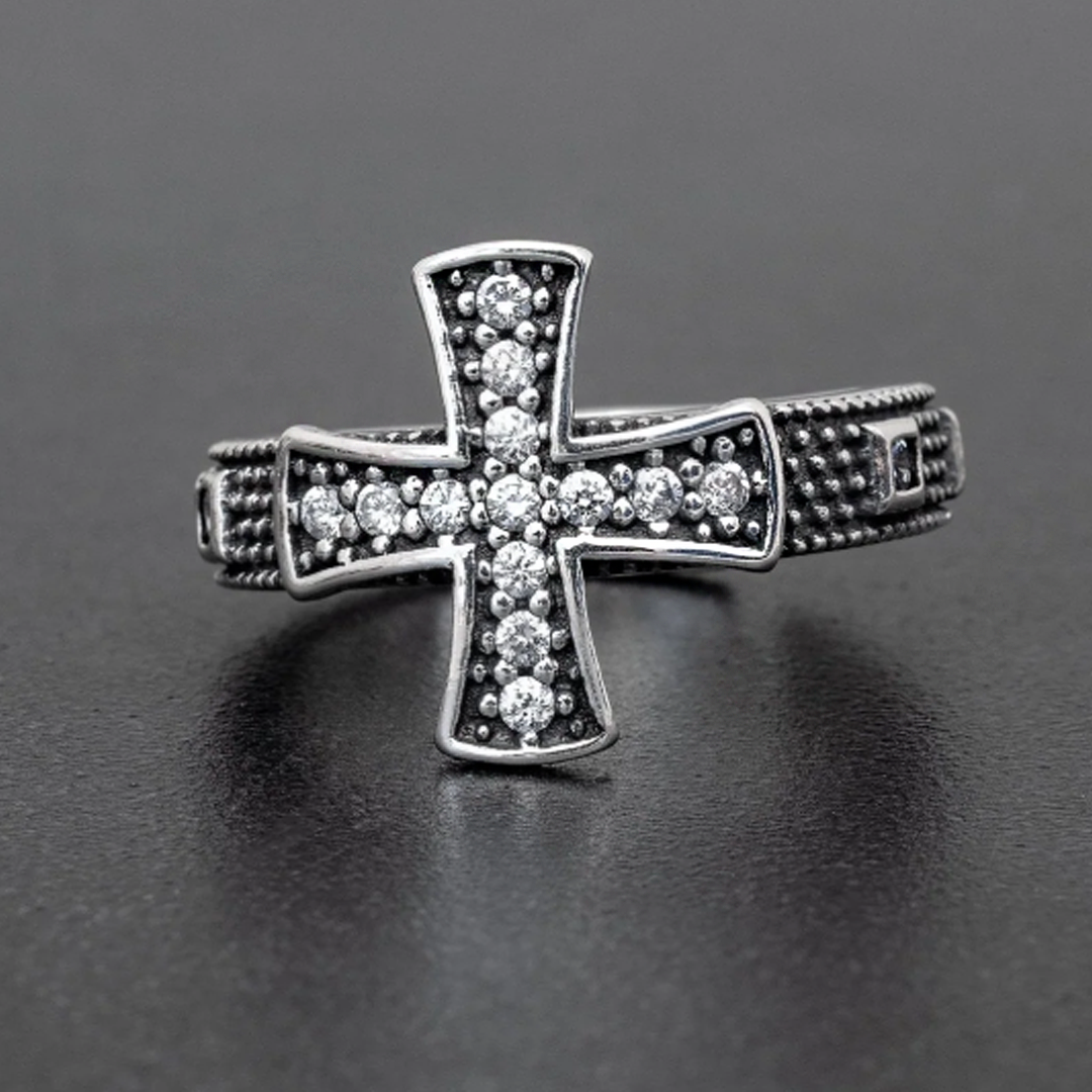 Personalized 0.3 ctw Round Cut White Gemstone Cross Men's Ring -JOSHINY