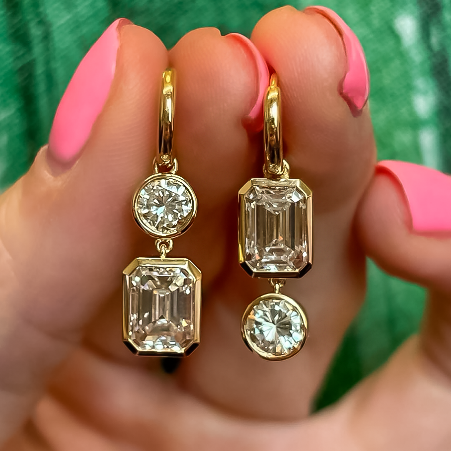 Stylish 6 ctw Round & Emerald Cut White Gemstone Earrings -JOSHINY