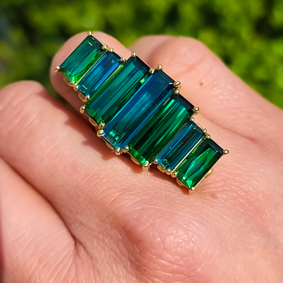 Unique 7 ctw Baguette Cut Emerald Seven Stone Ring -JOSHINY