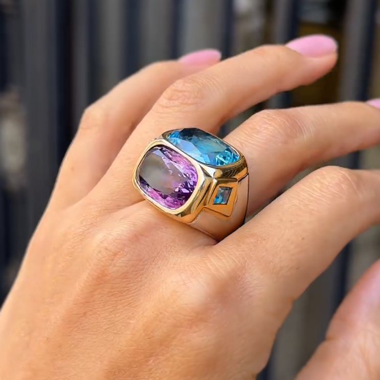 Unique 12 ctw Cushion Cut Blue & Purple & Yellow Gemstone Two Stone Cocktail Ring -JOSHINY