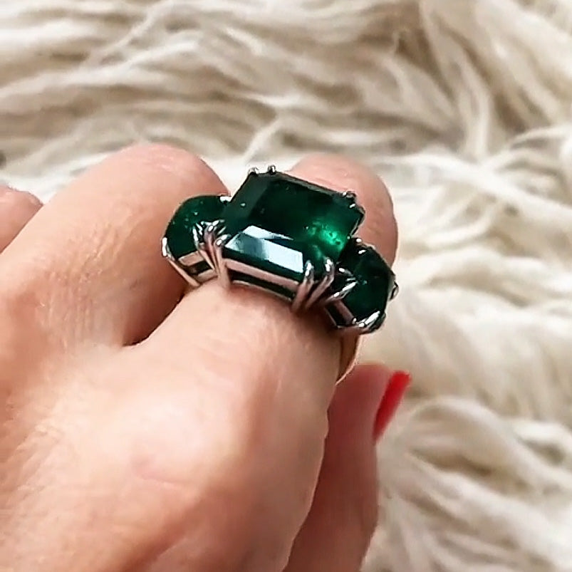 15ctw Octagon Cut Triple Emerald Gemstone Ring -JOSHINY