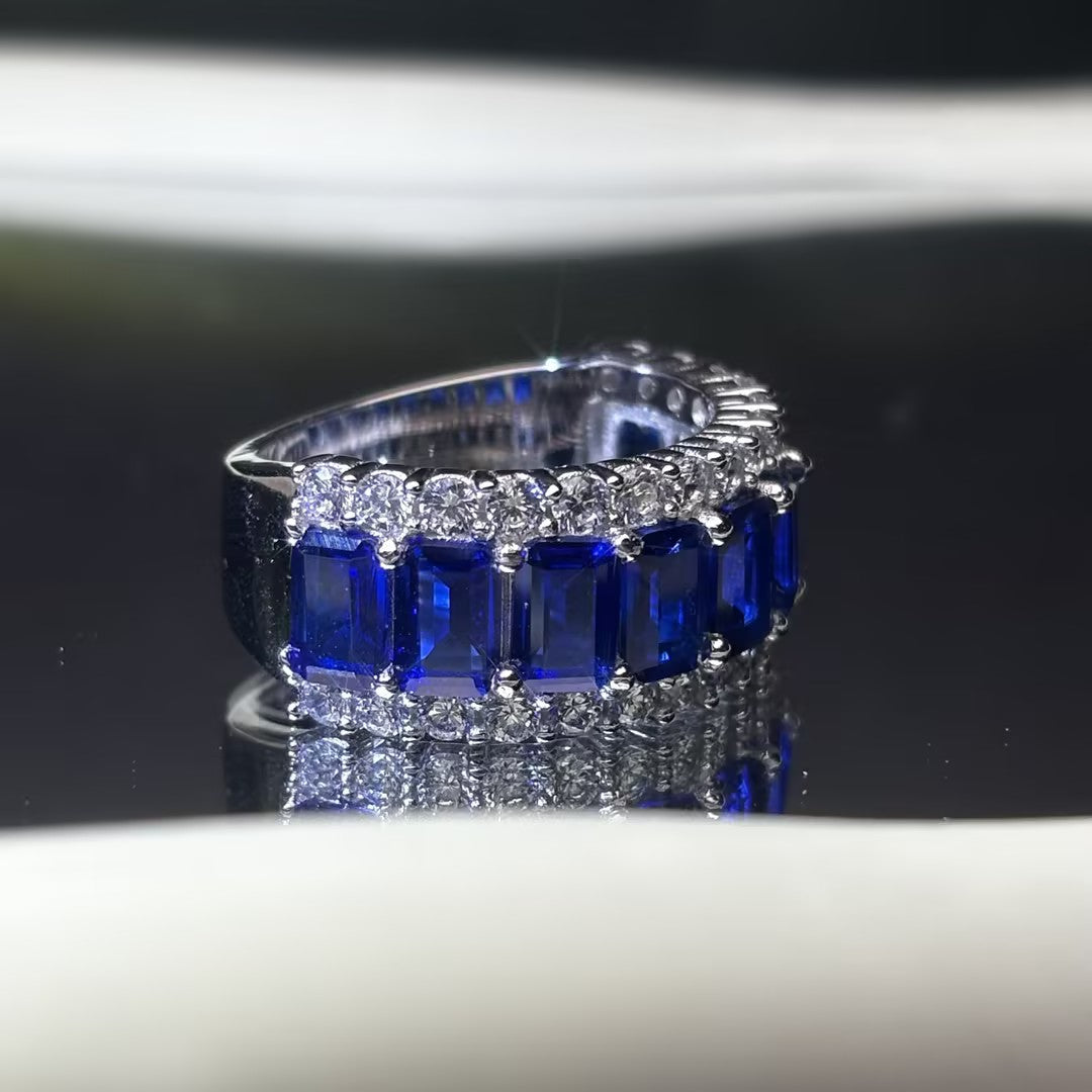 4.05 CTW Emerald Cut Blue Cubic Zirconia 925 Sterling Silver Fashion Ring -JOSHINY