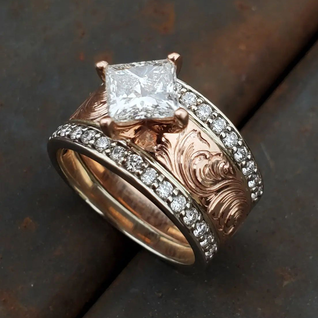 3.0ct Princess Cut Vintage Engraved Rose Gold Ring -JOSHINY