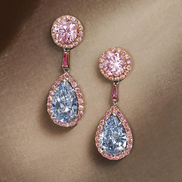 Elegant 10 ctw Round & Pear Shaped Pink & Light Blue Gemstone Earrings -JOSHINY