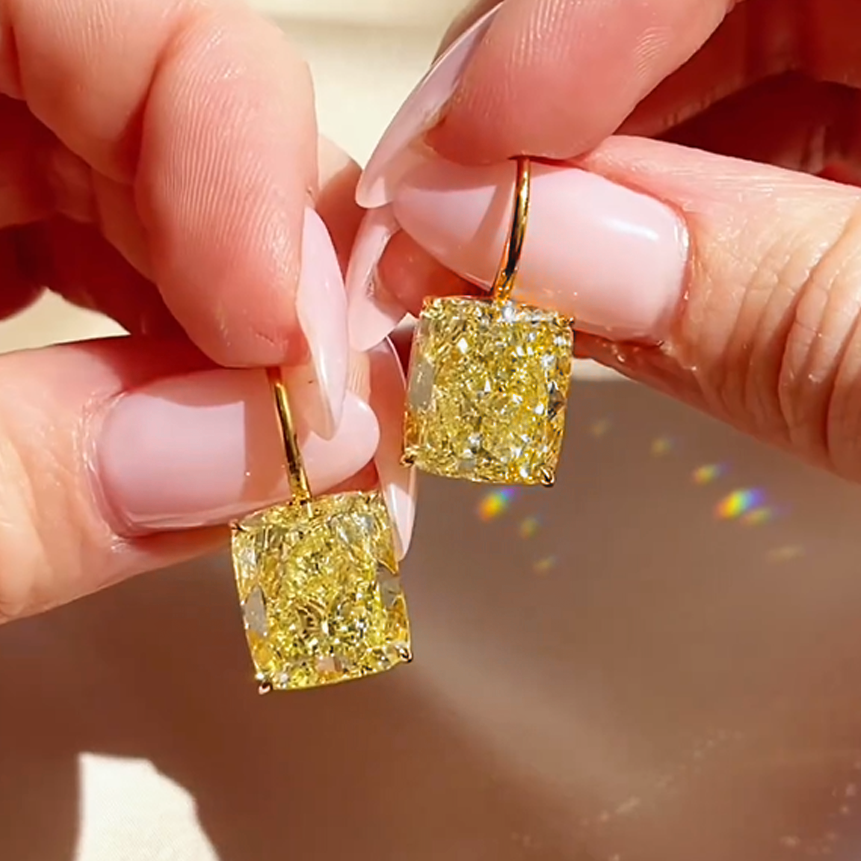 Simple 10 ctw Cushion Cut Yellow Gemstone Earrings -JOSHINY