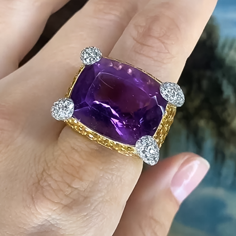 Unique 12 ctw Cushion & Round Cut Purple & Yellow & White Gemstone Pavé Cocktail Ring -JOSHINY