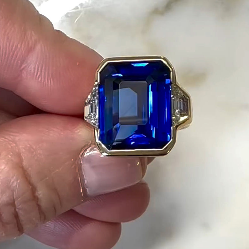 4 ct Emerald Cut Blue Gemstone Three Stone Engagement Ring -joshiny