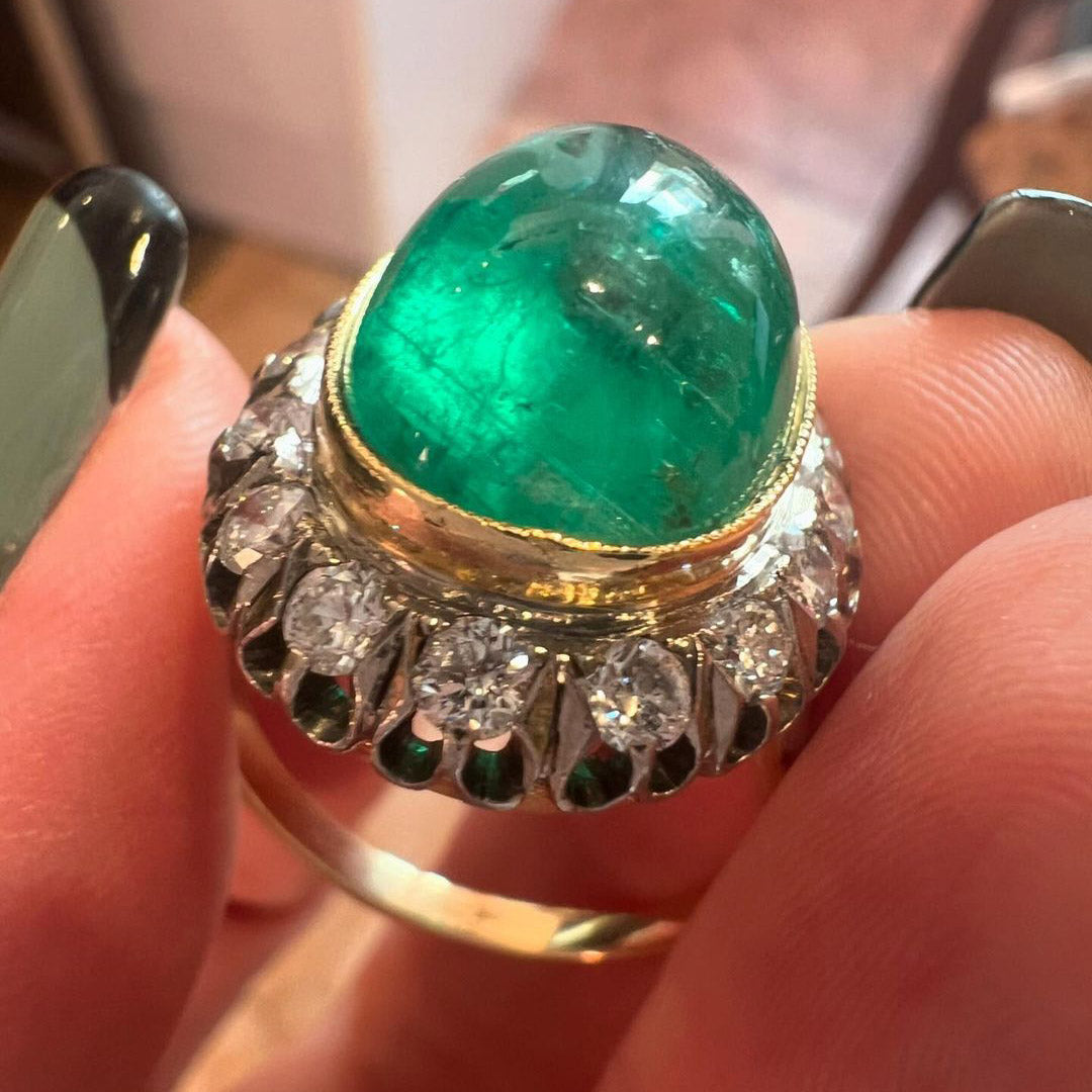 Giant 11ct Emerald Cabochon Vintage Style Ring -JOSHINY