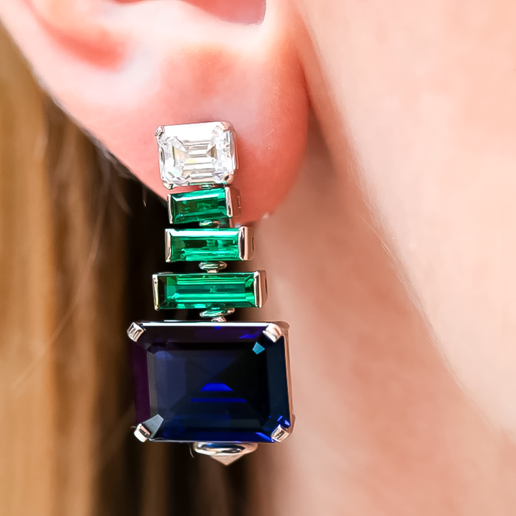 Fashion 14 ctw Emerald & Baguette Cut Tricolor Gemstone Earrings -JOSHINY