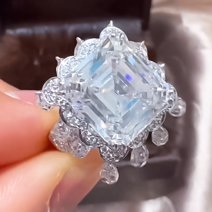 Unique 8 ctw Asscher Cut White Gemstone Engagement Ring -JOSHINY