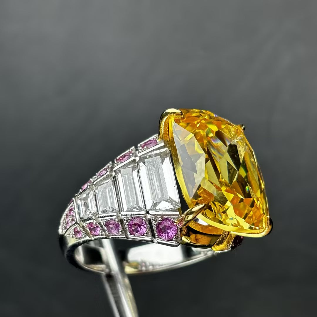 39 Ctw radiant cut yellow cubic zirconia 925 sterling silver  engagement ring-JOSHINY