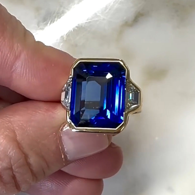 4 ct Emerald Cut Blue Gemstone Three Stone Engagement Ring -joshiny