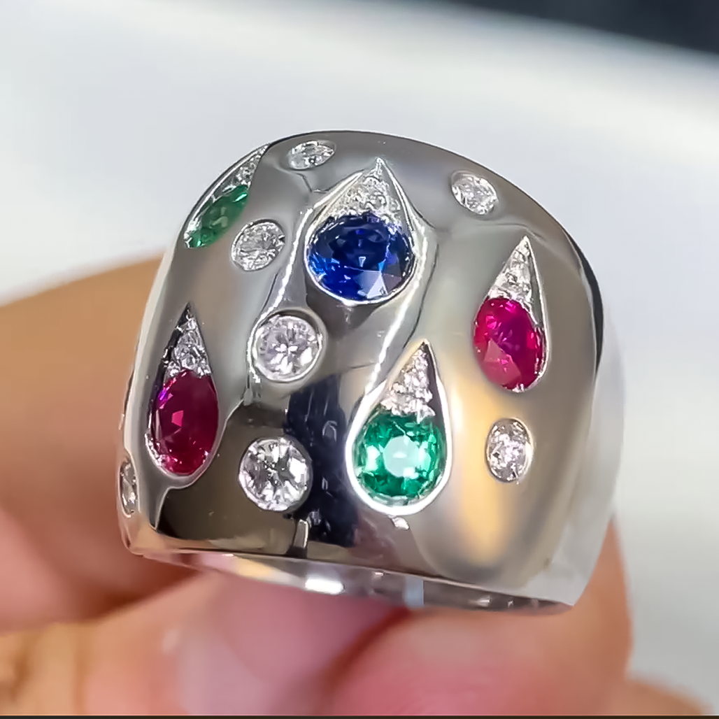 Unique 3 ctw Round Cut White Sapphire & Ruby & Emerald & Sapphire Ring -JOSHINY