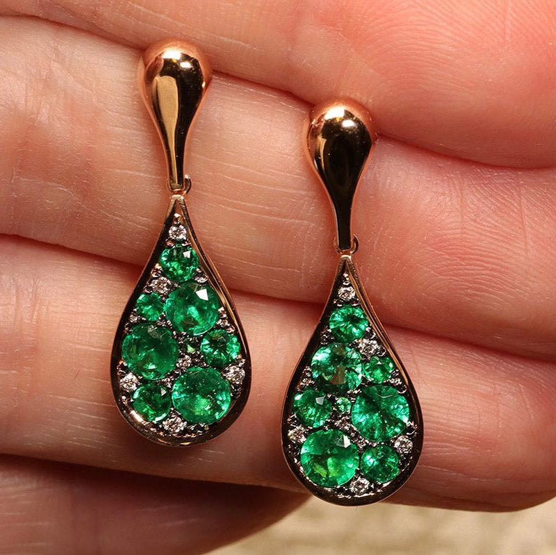 2ctw Vibrant Round Cut Emerald Dangle Earrings -JOSHINY