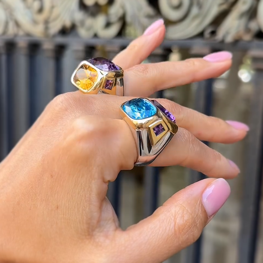 Unique 12 ctw Cushion Cut Blue & Purple & Yellow Gemstone Two Stone Cocktail Ring -JOSHINY