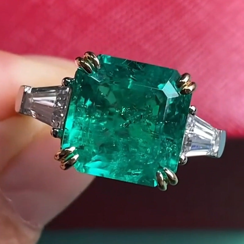 6.5ct Square Emerald 3 Stone Engagement Ring -JOSHINY