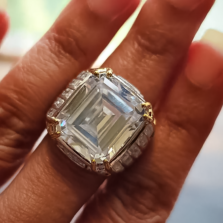 Unique 15 ctw Emerald Cut White Gemstone Engagement Ring -JOSHINY