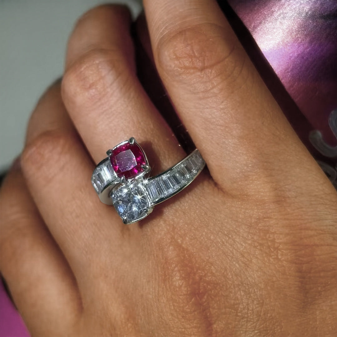 8ctw Cushion-cut red and white gemstone crossover ring -JOSHINY