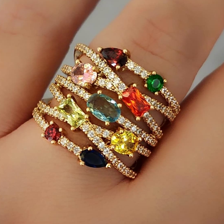 Exquisite 6 ctw Multi-Cut Multi-Color Gemstone Cluster Ring -JOSHINY