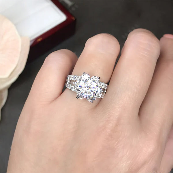 2.0ct Round Cut Bright Floral Halo Diamond Ring with Split Band -JOSHINY