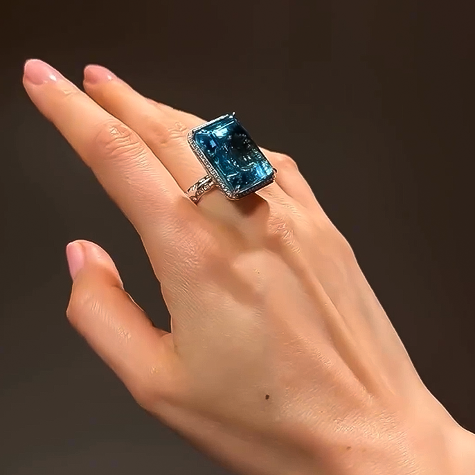 Deluxe 30 ctw Emerald Cut Blue & White Gemstone Cocktail Ring -JOSHINY