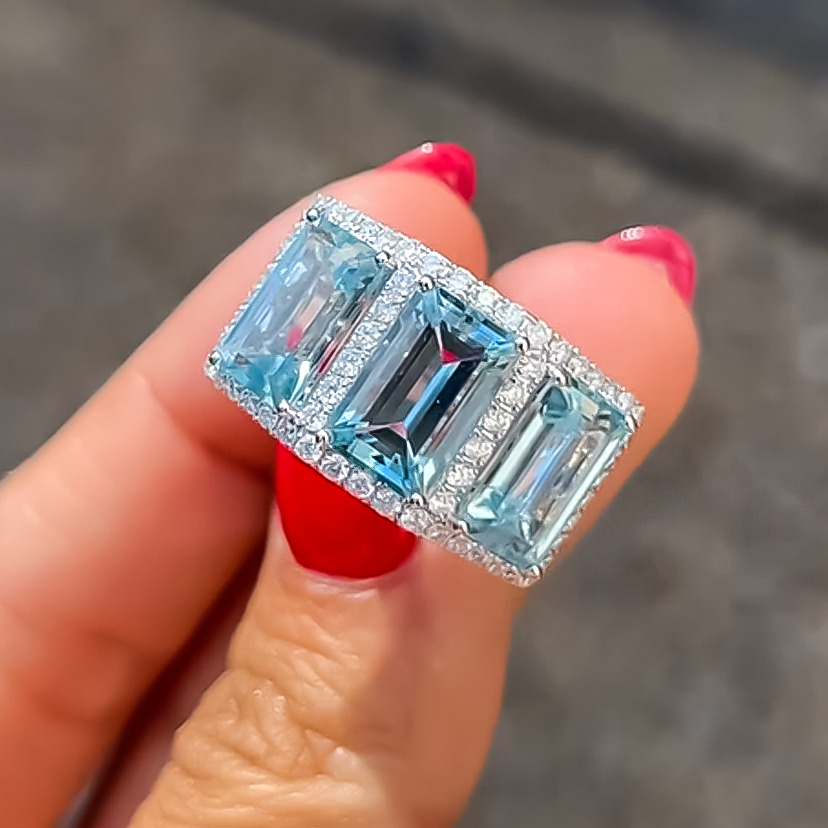 Exquisite 12 ctw Emerald Cut Light Blue Gemstone Three Stone Cocktail Ring -JOSHINY