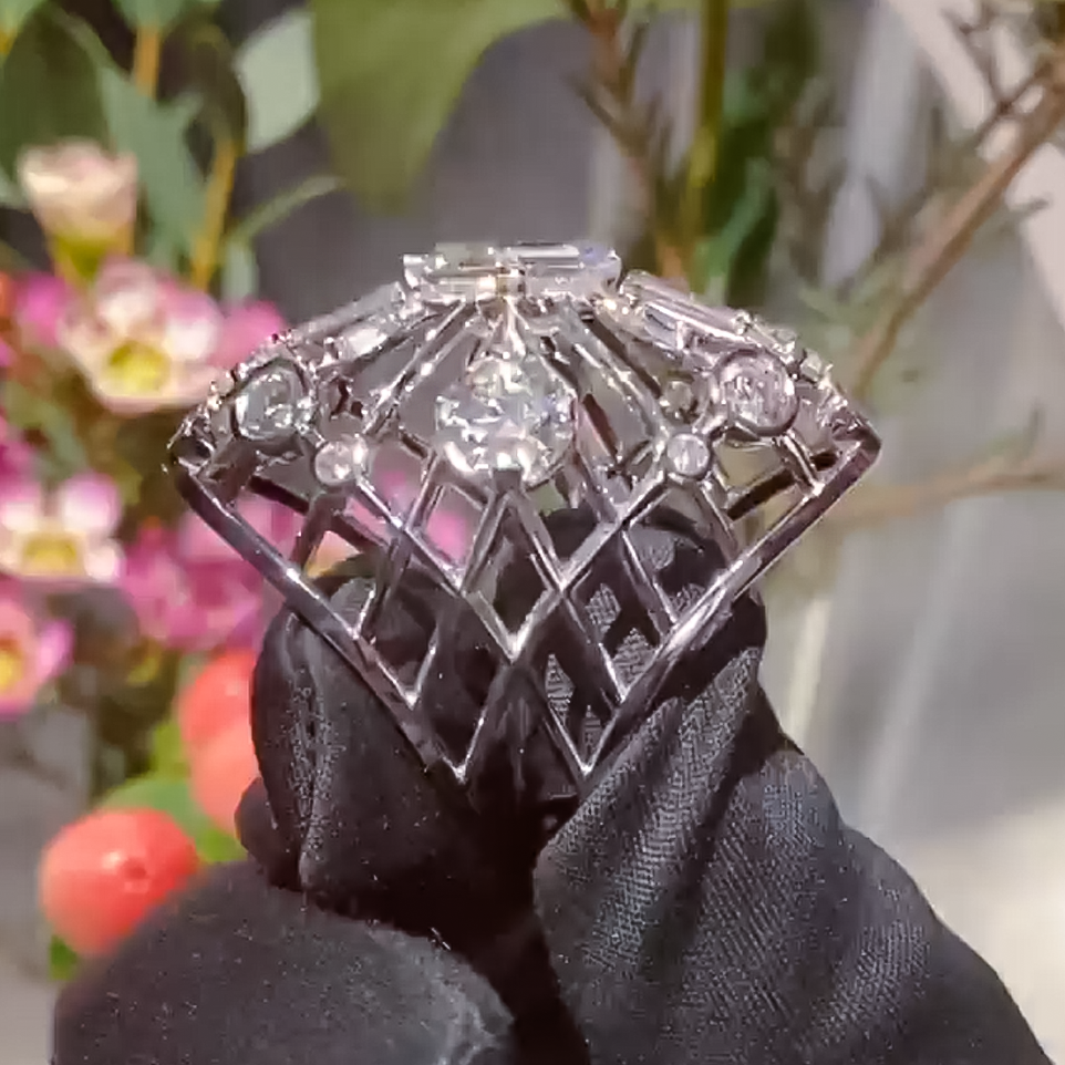 Unique 6 ctw Multi-Cut White Gemstone Openwork Cluster Ring -JOSHINY