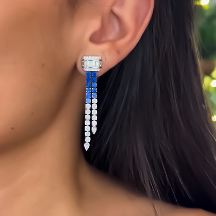 Elegant 4 ctw Round & Baguette & Pear Cut Blue & White Gradient Gemstone Earrings -JOSHINY