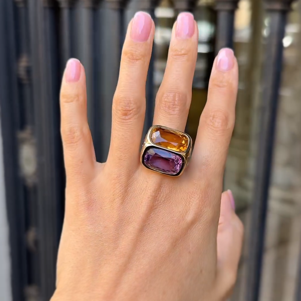 Unique 12 ctw Cushion Cut Blue & Purple & Yellow Gemstone Two Stone Cocktail Ring -JOSHINY