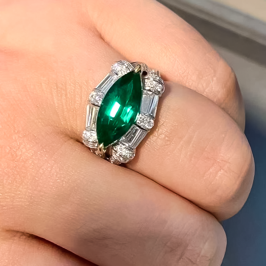 Vintage 10 ctw Marquise Cut Emerald Cocktail Ring -JOSHINY