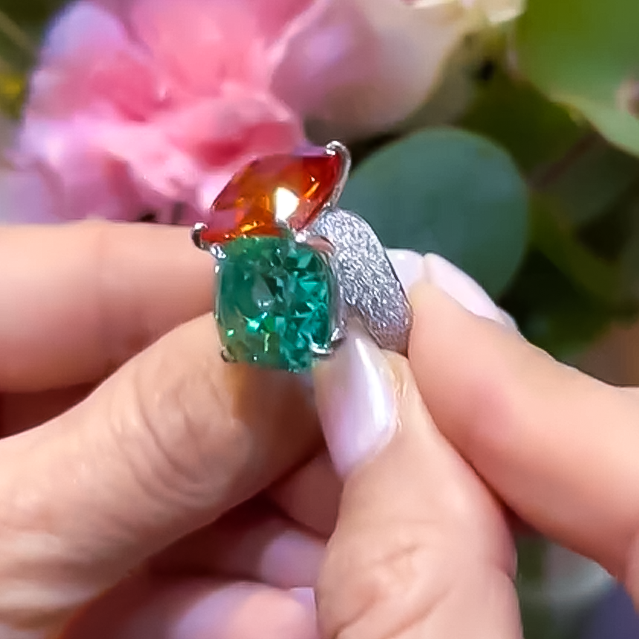 Unique 16 ctw Cushion Cut Emerald & Orange Gemstone Two-Stone Cocktail Ring -JOSHINY