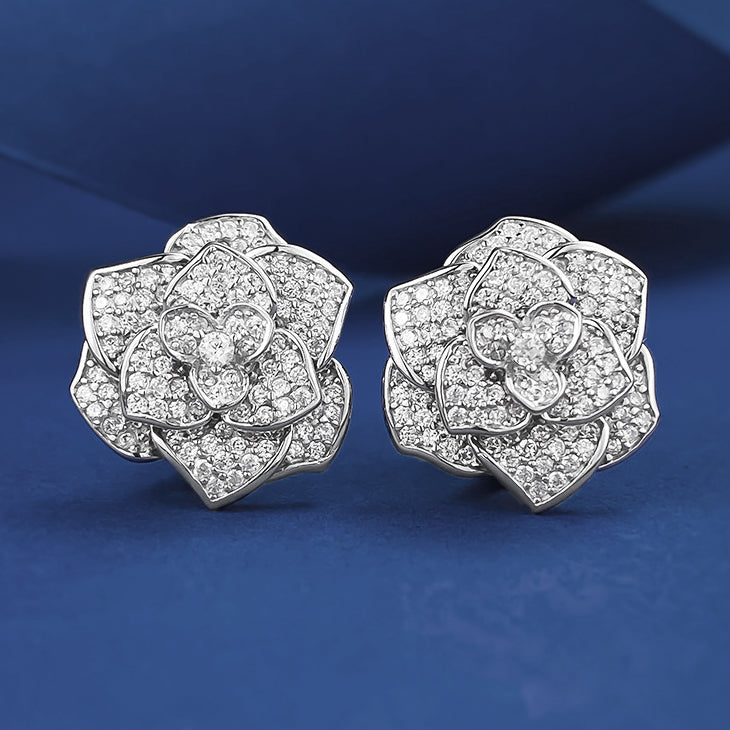 Delicate 5 ctw Round Cut White Gemstone Pavé Set Camellia Earrings -JOSHINY