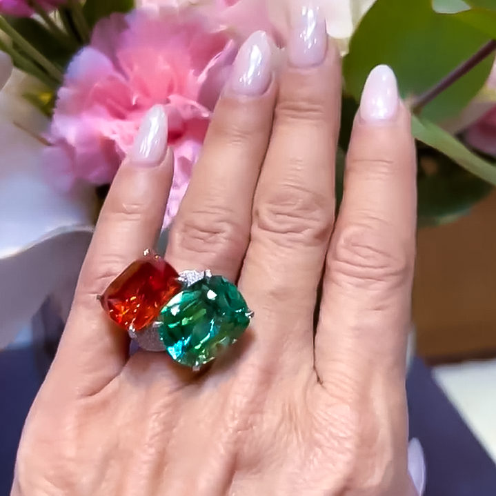 Unique 16 ctw Cushion Cut Emerald & Orange Gemstone Two-Stone Cocktail Ring -JOSHINY