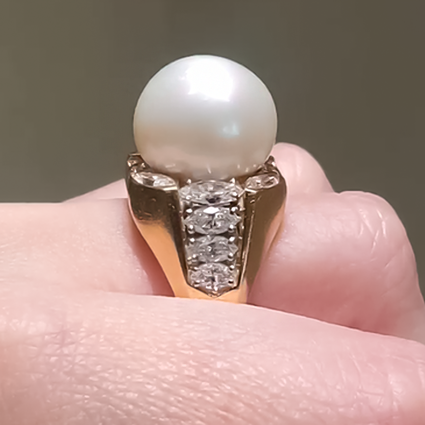 Vintage 2 ctw Marquise & Round Cut White Gemstone & Pearl Ring -JOSHINY