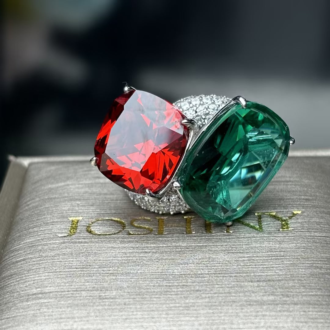 16 CTW Cushion Cut Green & Orange Cubic Zirconia 925 Sterling Silver Ring -JOSHINY