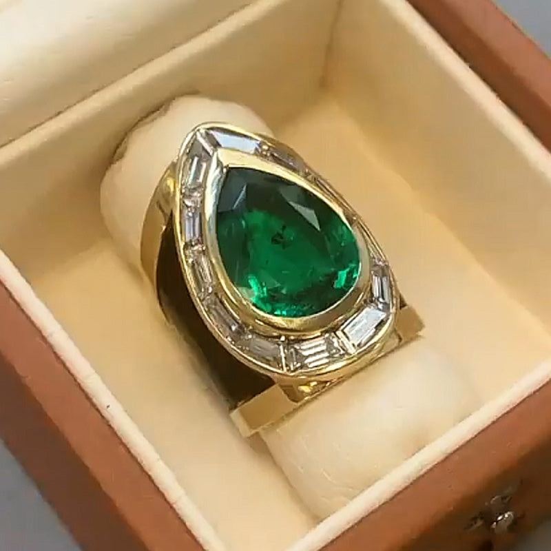 Spectacular 6.36ct Pear Cut Emerald Cigar Style Ring -JOSHINY