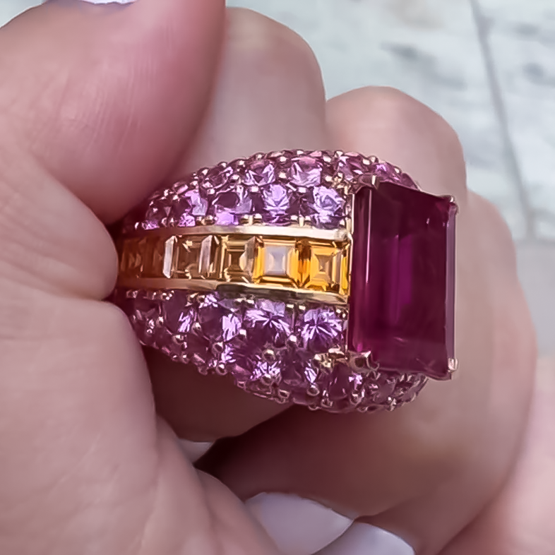 Fashionable 10 ctw Emerald Cut Sapphire & Ruby Two Tone Cocktail Ring -JOSHINY