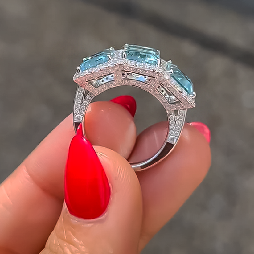 Exquisite 12 ctw Emerald Cut Light Blue Gemstone Three Stone Cocktail Ring -JOSHINY