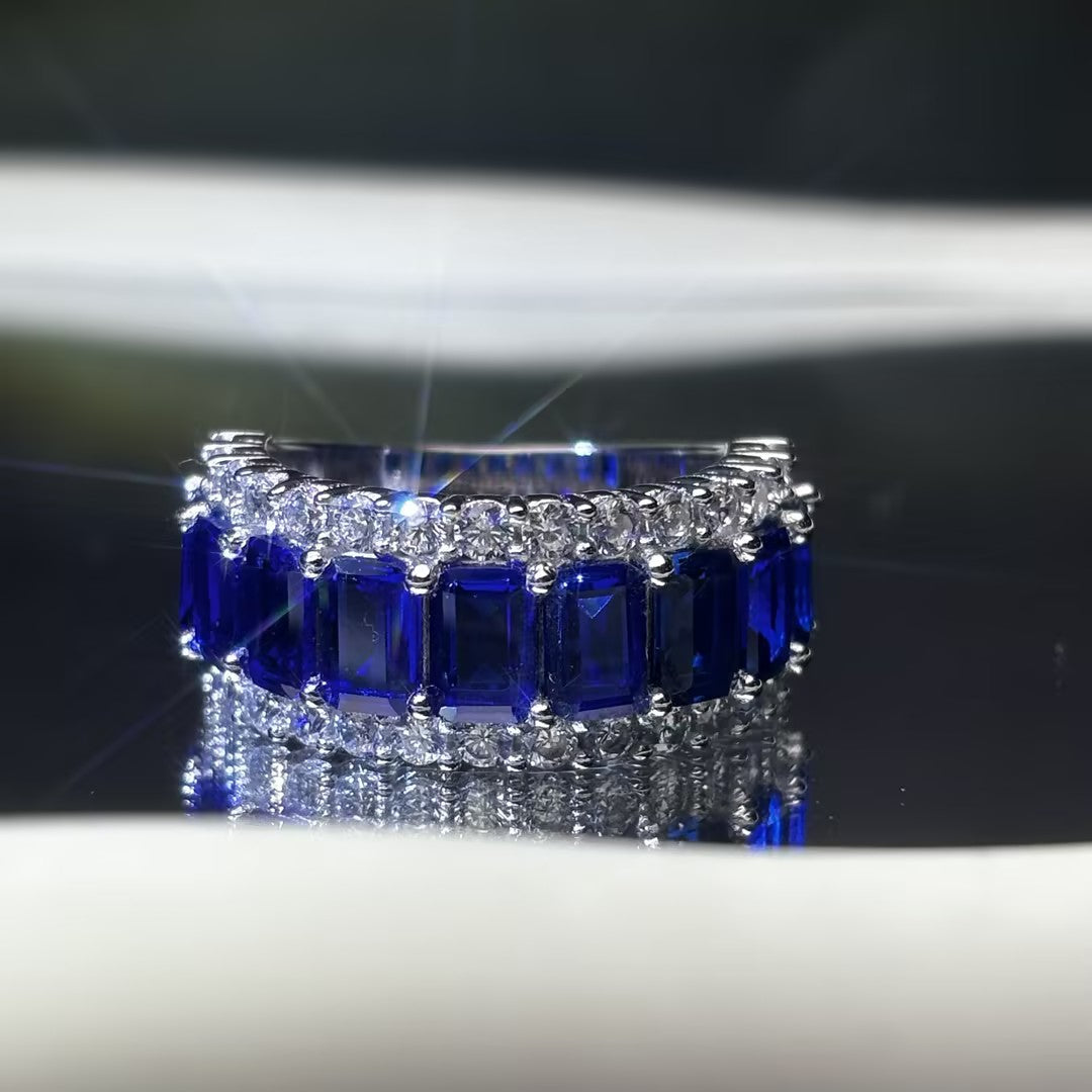 4.05 CTW Emerald Cut Blue Cubic Zirconia 925 Sterling Silver Fashion Ring -JOSHINY