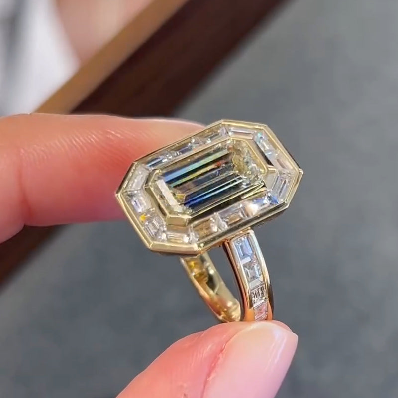 5.0ct Emerald Cut Baguette Side Bezel Gemstone Ring -JOSHINY