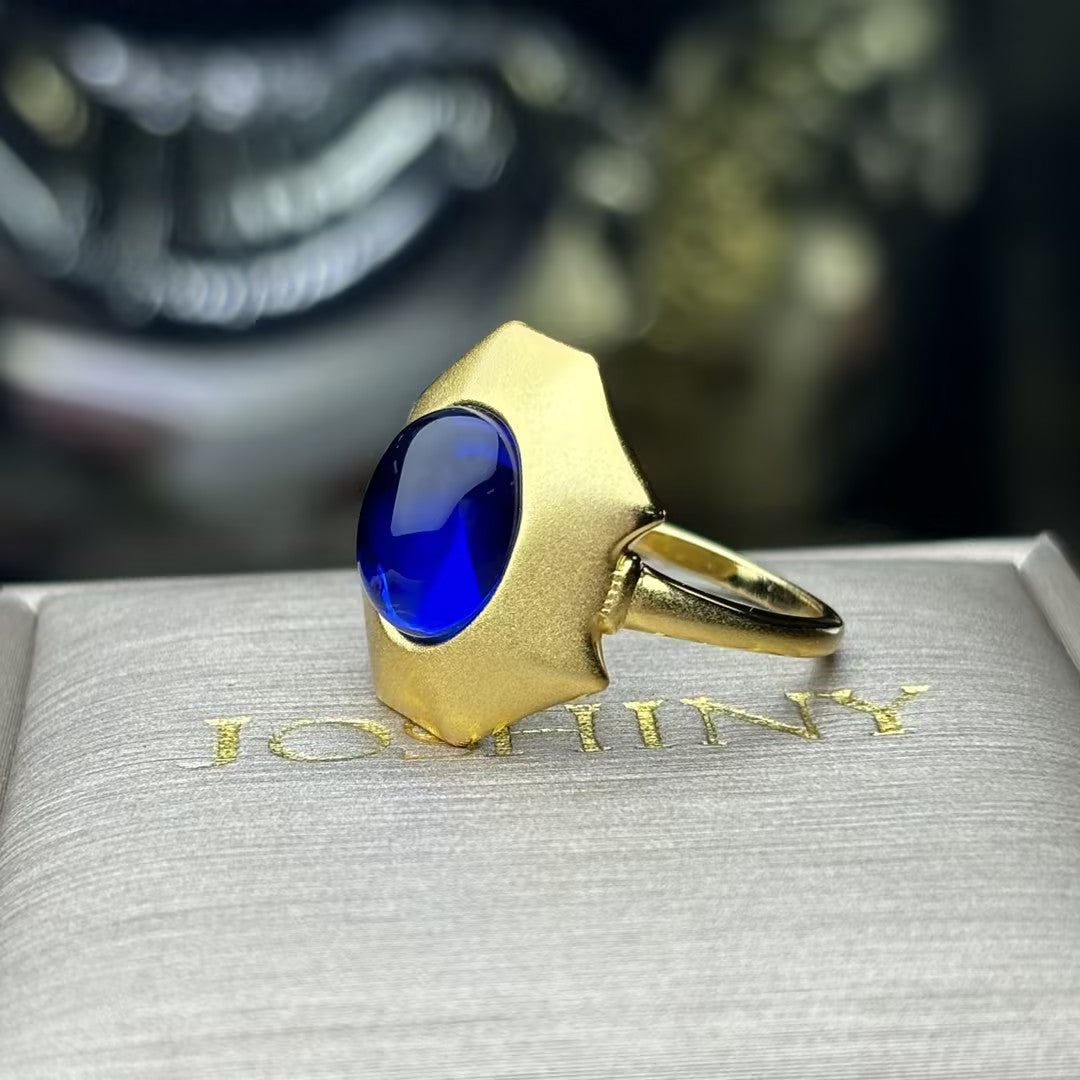 Cabochon-cut oval blue gemstone art ring-JOSHINY