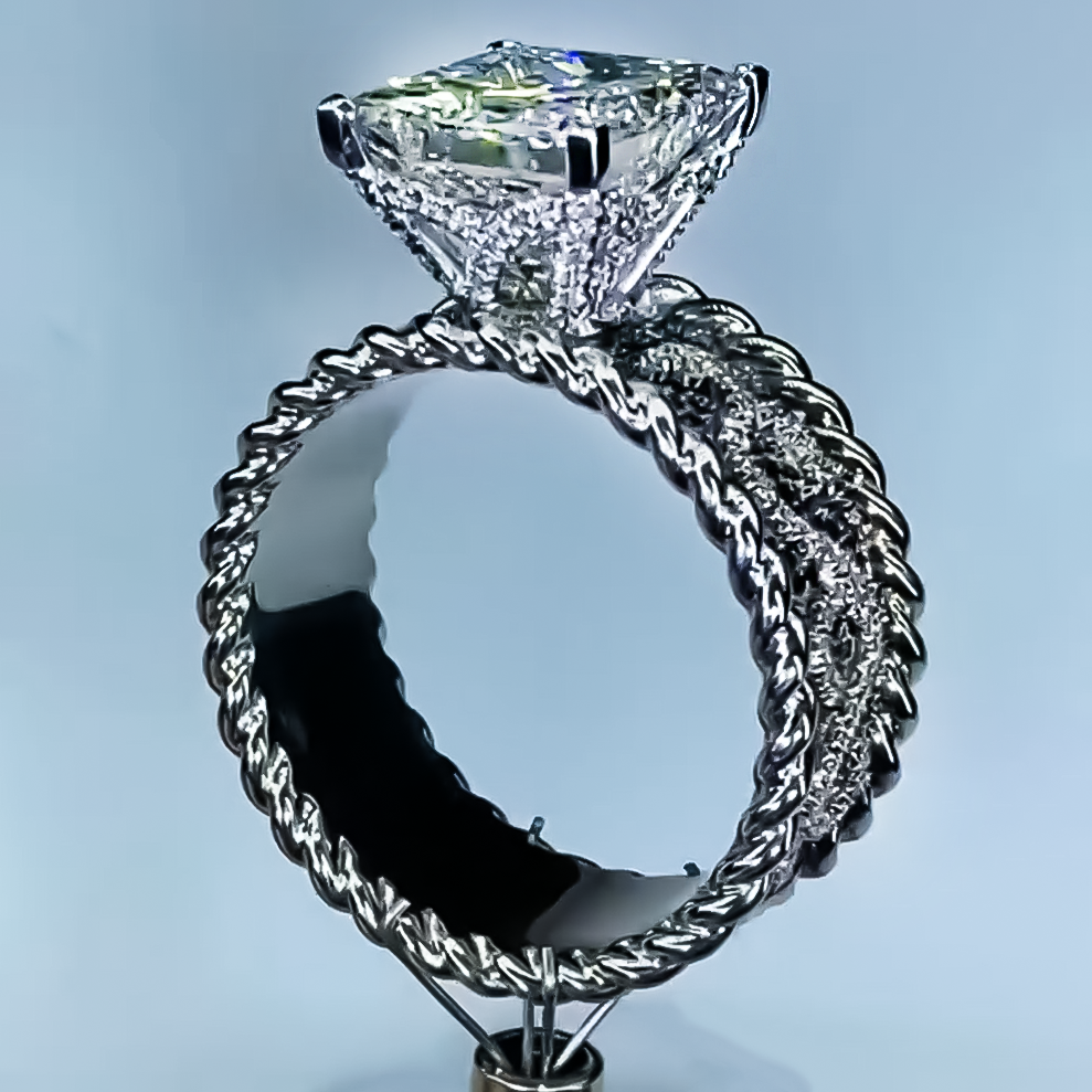 Unique 10 ctw Square Cut White Gemstone Black&White Floral Engagement Ring -JOSHINY