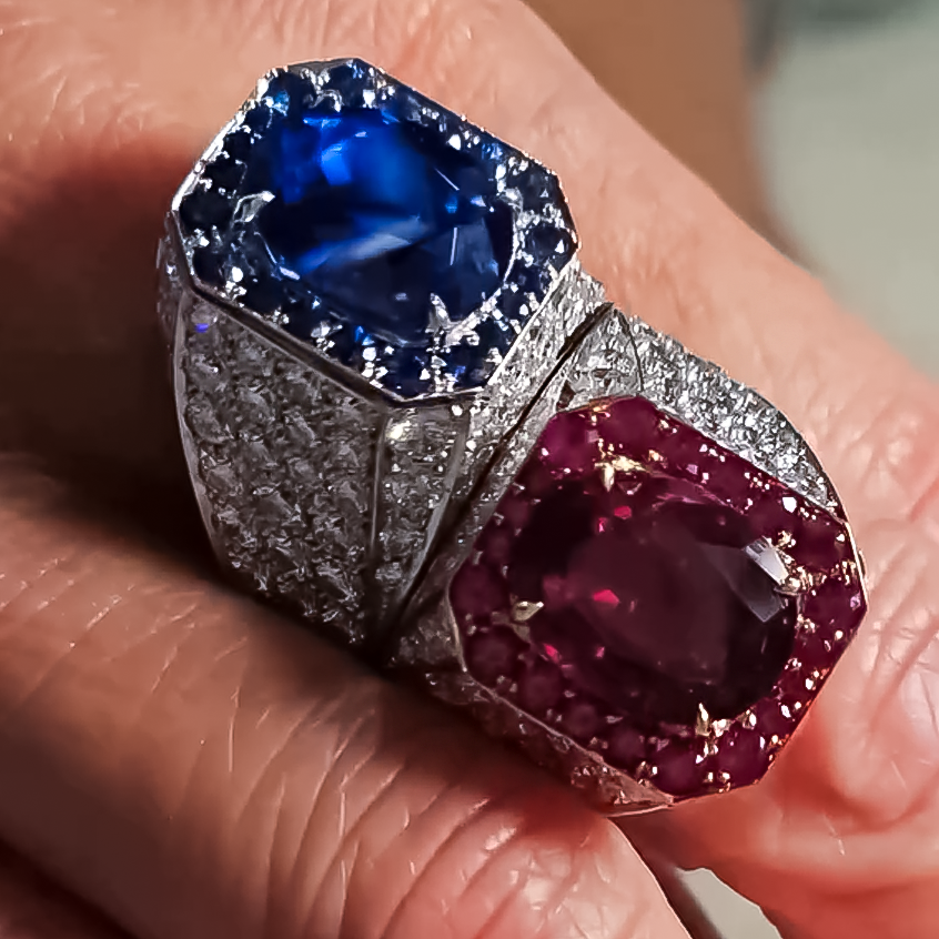 Noble 6 ctw Oval Cut Ruby & Sapphire Twin Stone Pavé Ring -JOSHINY