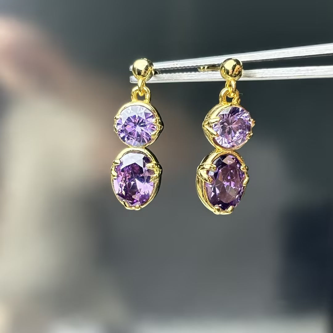 Vintage Gold Large Amethyst Stud Drop Earrings