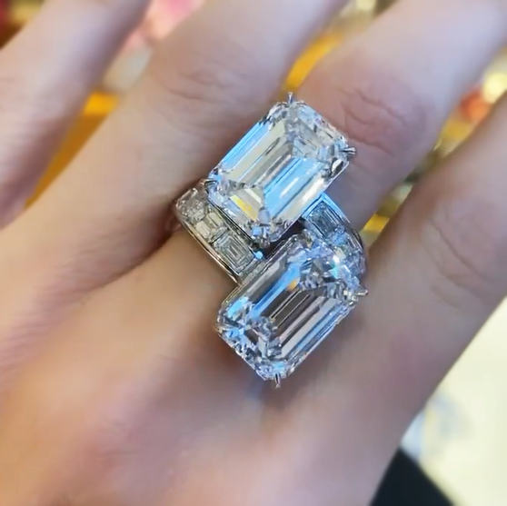 Unique 12 ctw Emerald Cut White Gemstone Two-Stone Ring -JOSHINY