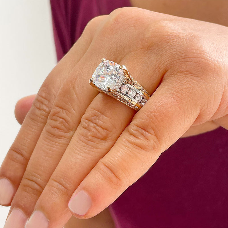 6.5ctw Cushion and Round Cut Gold, Silver and Two Colour Diamond Engagement Ring -JOSHINY