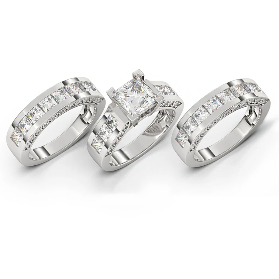 Stylish 6 ctw Square & Round Cut White Gemstone 3 Piece Engagement Ring Set -JOSHINY