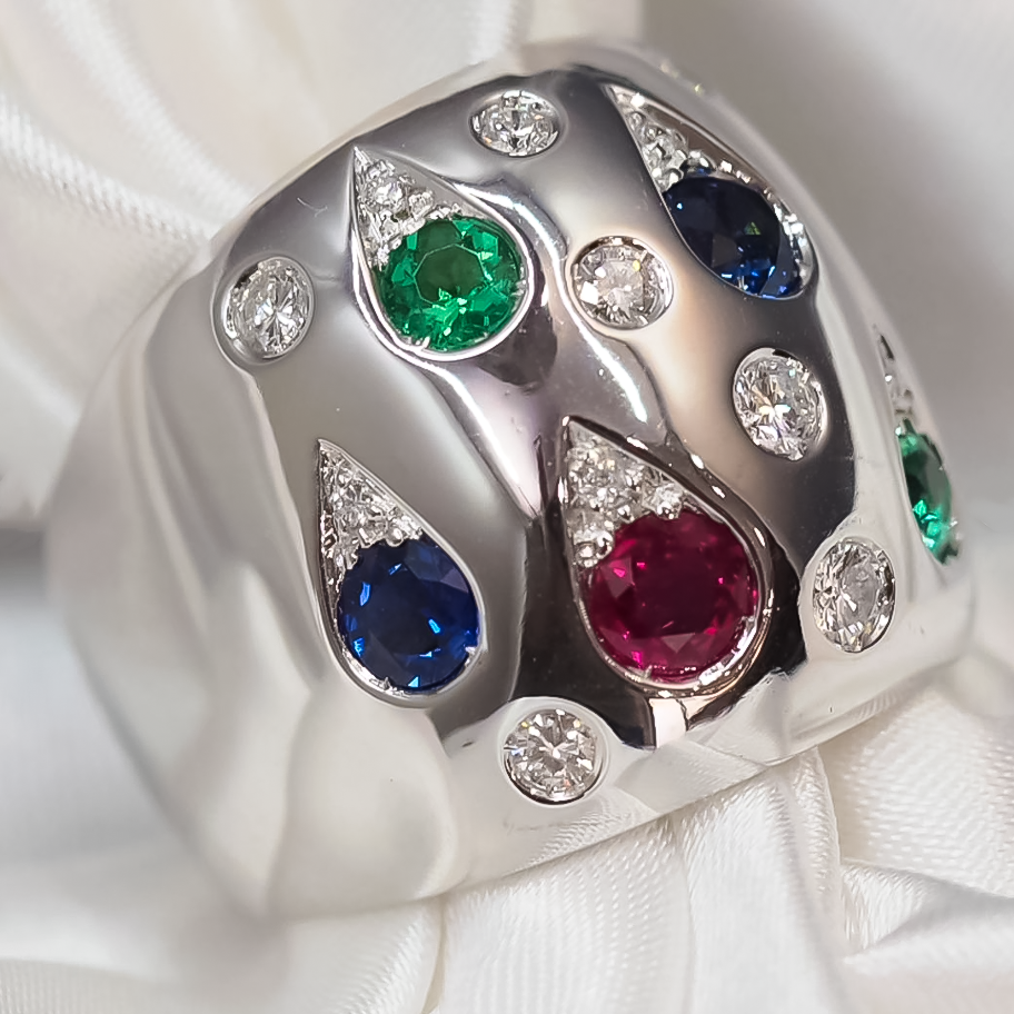 Unique 3 ctw Round Cut White Sapphire & Ruby & Emerald & Sapphire Ring -JOSHINY