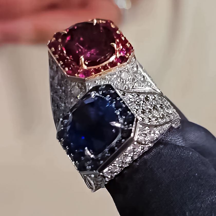 Noble 6 ctw Oval Cut Ruby & Sapphire Twin Stone Pavé Ring -JOSHINY