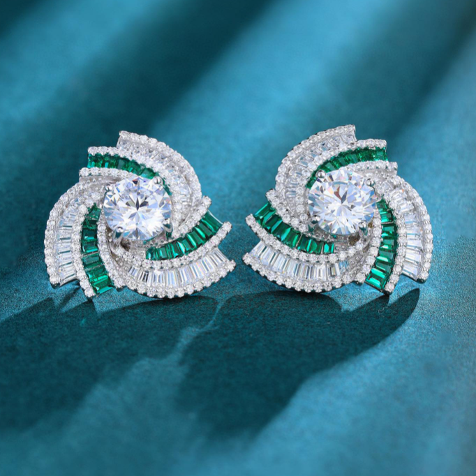 Elegant 8 ctw Round & Baguette Cut White Gemstone & Emerald Swirl Earrings -JOSHINY